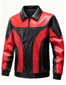 TRIBON SPORTS Men's Red Black <b>Leather</b> Bomber <b>Jacket</b> Stand Collar Zipper Closure Casual <b>Winter</b> Breathable - Product Image 3