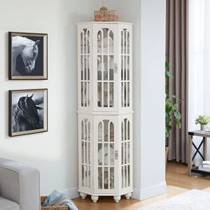 Solid Wood Corner Curio Cabinet 4 Adjustable Tempered Glass Shelves Lighting System <b>Acrylic</b> <b>Mirrored</b> Back Display China Cabinets - Product Image 2