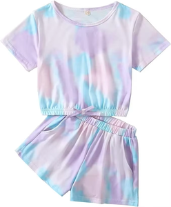 Conjunto de Verano para Niñas, Camiseta Corta con Estampado Tie-Dye de Algodón, Pantalones Cortos con Cintura Elástica y Bolsillos Laterales, Cómodo - Product Image 1