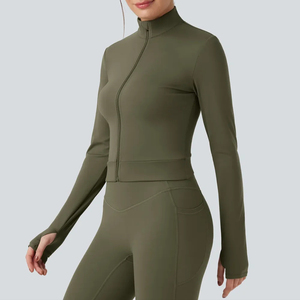 Women's Olive Green Turtleneck Zipper Long Sleeve Yoga <b>Jacket</b> Breathable Knitted Spandex Polyester Fitness Wear Autumn <b>Jacket</b> - Product Image 1