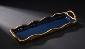 Bandeja de Servicio de Metal Esmaltado Azul Marino de Lujo con Borde Ondulado Festoneado y Asas Laterales Doradas, Plato Decorativo para Mesa de Centro o Tocador - Product Image 5