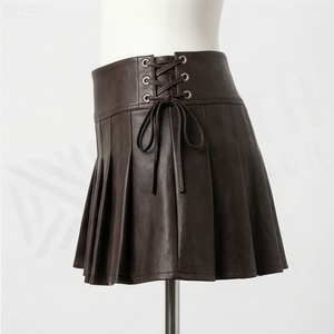 Jupe mini plissée en similicuir taille haute pour femme, avec lacets latéraux ajustables, couleur unie, style toutes saisons - Product Image 3