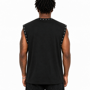 Débardeur en coton épais personnalisé, style vintage délavé, avec imprimé graphique flamme clouté, épaules tombantes, 100% coton, sans manches, streetwear - Product Image 5