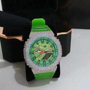 Montre de luxe pour homme Hip Hop, cadran vert, boîtier rond, lunette en moissanite VVS, montre-bracelet analogique-numérique, prix direct usine - Product Image 1