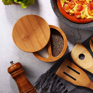 Contenedor Redondo de Bambú para Almacenamiento de Especias, Sal y Pimienta, con Dos Compartimentos y Tapa Magnética, Venta al Por Mayor - Product Image 2