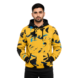 Sweat-shirt à capuche pour homme, imprimé abstrait jaune, noir et bleu, coupe classique, streetwear décontracté, pull avec poche et cordon de serrage à la capuche - Product Image 1