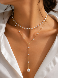 Collier ajustable en Y avec pendentif perle, ras-de-cou superposé perlé, plaqué or pour femme, idéal pour les fêtes, mariages et usage quotidien - Product Image 4