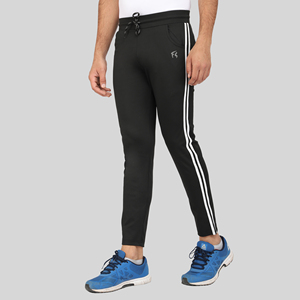 Pantalon de survêtement sport bleu à quatre voies avec bande latérale, logo personnalisable, impression HD, délavage coloré, 100 % polyester, séchage rapide, tailles homme M/L/XL - Product Image 2