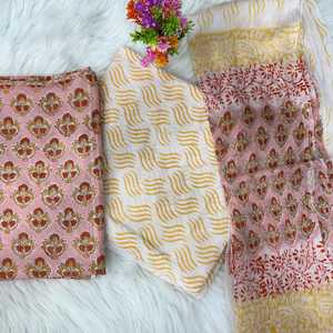 Traje Salwar de Algodón Estampado Amarillo y Rosa, Material de Vestido sin Coser con Dupatta de Chifón, Tela de Algodón para Traje Recto de Mujer - Product Image 3