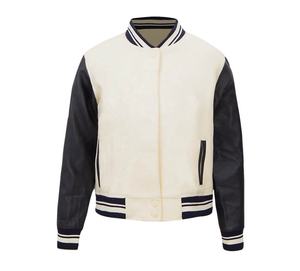 Veste de baseball courte tendance avec corps en laine et manches en cuir, style hip-hop, tissu imprimé, veste de baseball en laine - Product Image 1