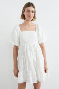 White Women's A-Line <b>Mini</b> Dress with <b>Bubble</b> Sleeves Shirring at Back & Side Zip-Floral Embroidery Embrace the Warm Weather - Product Image 2