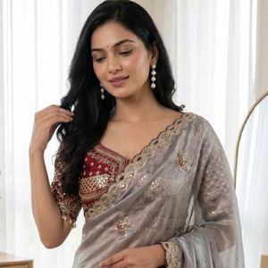 Blusa Saree con diseño de espejo preconfeccionada, con un elegante diseño de borde recortado, hecha con tela suave y elegante. - Product Image 1