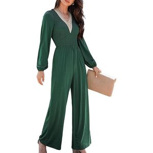 Tuta Intera da Donna Verde 2025 con Scollo a V e Tasche, Maniche Lunghe e Gamba Larga, Elegante e alla Moda - Product Image 2