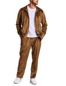 Men Velvet Tracksuit 2 Piece Set Full Zip <b>Jacket</b> Long Sleeve Solid Color Casual Wear Autumn Style Stand Collar Pants - Product Image 3