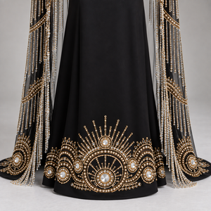 Midnight Black Modern Satin <b>Cape</b> Gown for <b>Women</b> Antique Gold Embroidery Crystal Fringe Detailing Elegant Floor Length Silhouette - Product Image 4