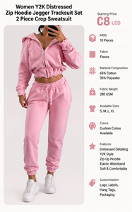 Women Y2K Distressed Zip Hoodie Jogger <b>Tracksuit</b> Set 2 Piece Crop Sweatsuit Lounge Wear Workout Outfit OEM ODM Custom Logo - Product Image 2