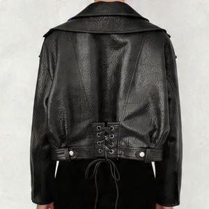 Veste courte vintage ample en similicuir PU pour femme avec ceinture, style motard, fermeture éclair, rétro, manteau de motard, vêtement d'extérieur - Product Image 3