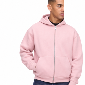 <b>Pink</b> Hooded Fleece Zip-Up <b>Sweatshirt</b> Solid Color Regular Fit Casual Autumn Style 100% Cotton Knitted Fabric - Product Image 1