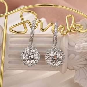 925 Moissanite Classic Halo Round Cut <b>Drop</b> <b>Earrings</b> In Sterling <b>Silver</b> White Gold Plated Moissanite Diamond <b>Earrings</b> for Women's - Product Image 1