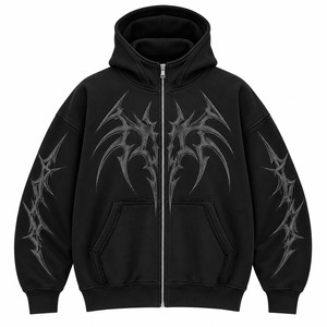 Sweat à capuche d'hiver streetwear gothique coupe classique motif crânes et papillons noir zippé graphique à pointes polyester/coton français - Product Image 1