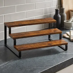Organizador de encimera de 3 niveles, estante de almacenamiento de madera rústica con estructura metálica resistente, estante multiusos para especias de cocina y café - Product Image 5