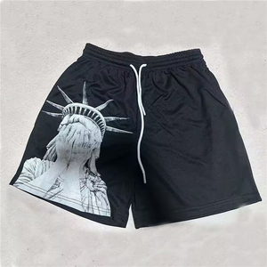 Shorts noirs pour hommes à séchage rapide avec imprimé Statue de la Liberté, taille à cordon de serrage, vêtements de sport décontractés, poches, logo sur le devant - Product Image 5