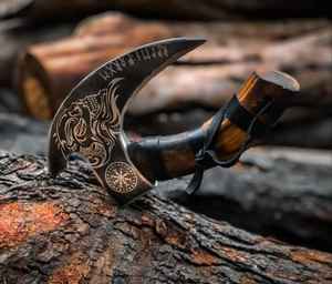 Couteau à pizza industriel forgé à la main en acier à haute teneur en carbone, style viking, lame tranchante en forme d'hache avec manche en bois de rose pour usage en cuisine, avec étui - Product Image 3