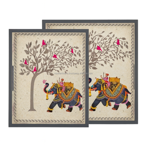 Lot de 2 Plateaux de Service en Bois MDF Faits à la Main, Éléphant Blanc Enduit d'Émail, Plaque Décorative en Résine, Cuisine, Salle à Manger, Usage Domestique - Product Image 1