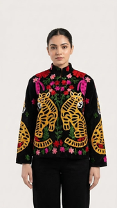 Chaqueta Acolchada Gruesa para Mujer, Negra, con Bordado Floral de Tigre, Cuello Alto, Manga Larga, Corta, Ecológica, de Secado Rápido, 100% Algodón - Product Image 2