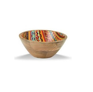 Tazón para Servir Hecho a Mano de Madera de Mango, Tazón Decorativo para Ensalada con Impresión Esmaltada Vibrante, Tazón de Madera Ecológico para Frutas para la Cocina - Product Image 1
