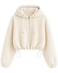 Custom Textured Fleece Cropped Hoodie Quarter Zip Adjustable Drawstring Hem Casual Streetwear Warm <b>Pullover</b> <b>Men</b> Custom Logo - Product Image 1