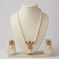 Parure de collier et boucles d'oreilles tendance, style classique indien, plaqué rhodium, perles d'imitation, Kundan, fleurs et zircon, pour fêtes et mariages