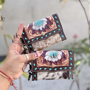 Hand <b>Tooled</b> Carving Western Hair on Hide Fur <b>Leather</b> Small Wristlet Coin Purse Multi Uses Mini Wallet for Women Western Gifts - Product Image 1