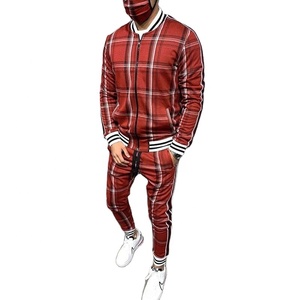 Athletic Style Men's Check Print Sublimated Bomber <b>Jacket</b> Track Suit Zip Enclosure Ribbed Hem & Cuffs Stripe Zipper Sweat Suit - Product Image 1