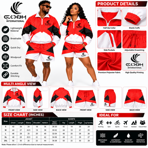 Conjunto Deportivo Unisex, Chaqueta con Cierre de Cremallera y Pantalones Cortos, Diseño Color Block Rojo, Blanco y Negro, Secado Rápido, Ropa Deportiva para Primavera - Product Image 6