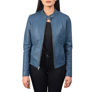 Women Blue Genuine Leather Jacket Slim Fit Turn-down Collar Zip Front Premium Quality OEM ODM Wholesale Supply Eco-Friendly - Product Image 3