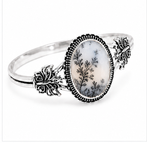 925 Sterling Silver Dendrite Opal Bangle, Oval Dendritic Opal Gemstone <b>Bracelet</b>, Black Pattern Stone Jewelry, Statement Bangle - Product Image 1