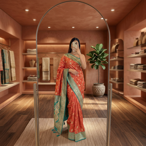<b>Orange</b> Silk <b>Saree</b> With Green Border Traditional Indian Wedding Wear Floor Length Regular Fit Women's All Seasons - Product Image 4