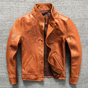 Chaqueta de Piel de Cabra Italiana de Primera Calidad, Estilo Vintage Einstein, con Cuello de Cremallera de Cuarto, Color Verde Frutal, para Hombre - Product Image 1
