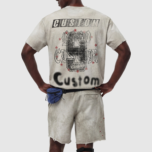 Conjunto de dos piezas con logotipo personalizado OEM, lavado ácido, bordes sin rematar, 100% algodón, estilo vintage, pantalones cortos y camiseta para hombre - Product Image 2