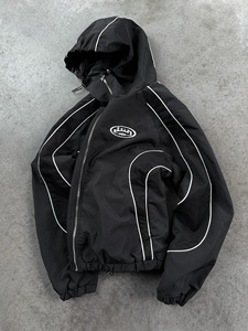Custom Hooded Bomber <b>Jacket</b> With White Stitching Embroidered Logo Reflective Piping Windproof Sporty Style Full Zip Front Logo - Product Image 1