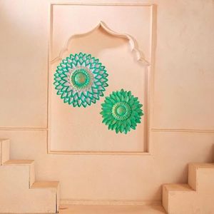 Handmade Metal <b>Wall</b> Decor Circular Bohemian Floral Art 2Pcs Hanging Home Accent Green Plant Pattern - Product Image 2