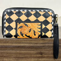 Prix d'usine en gros : Pochette à fermeture éclair en cuir véritable fait main, motif à carreaux mignon, avec design floral de luxe