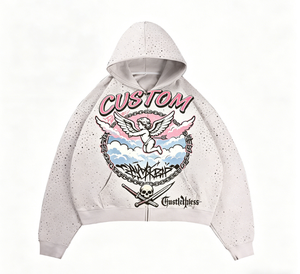Sudadera con capucha de algodón lavado a la piedra, estilo vintage, con logotipo personalizado, para hombre, de corte regular, con lavado ácido, efecto desgastado, bordado y pedrería, con cremallera y forro polar. - Product Image 2