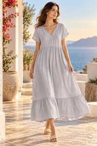 Vestido Midi Casual de Lino y Algodón con Cuello en V, Manga Corta, Corte en A, Dobladillo Escalonado, Color Sólido, Simple, Transpirable, Tejido, para Vacaciones de Verano - Product Image 5