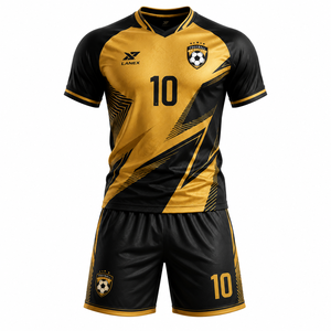 Ensemble de maillots de football personnalisés pour hommes, uniforme de football noir et or, impression par sublimation, manches courtes, maille 100% polyester, équipe - Product Image 1