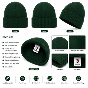 Bonnet unisexe en tricot vert 100 % acrylique, bordé, couleur unie, décontracté, chaud pour l'hiver, pour adultes, taille 56-58 cm, style urbain, broderie - Product Image 5