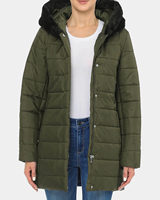 Veste matelassée pour femme en vert olive avec capuche en fausse fourrure, manteau d'hiver chaud avec fermeture éclair et poches latérales