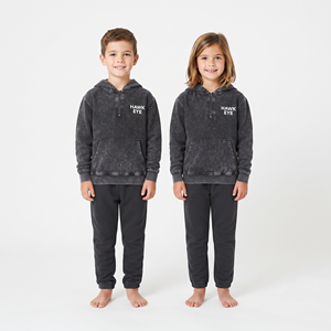 Conjunto de dos piezas de algodón con capucha y cremallera media, color gris sólido, lavado ácido, informal, personalizado, para niños, unisex, corte regular - Product Image 5