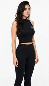 <b>Women's</b> <b>Black</b> Sleeveless Mock Neck <b>Tank</b> <b>Top</b> Short Crop Letter Print Casual Summer - Product Image 3